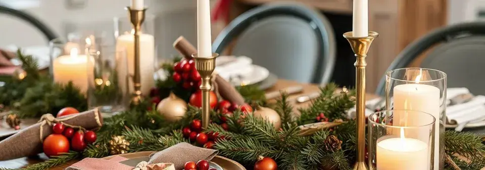 Aranžmá vánočních stolů s dekoracemi z přírodních materiálů