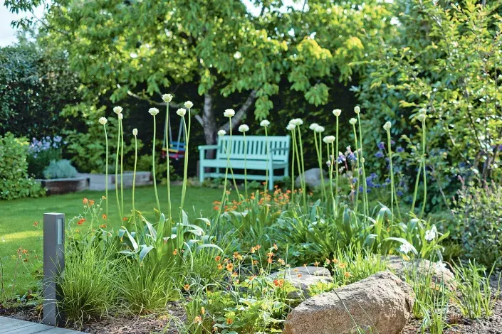 Okrasné záhony, trávník a lavička Okrasné záhony, trávník a lavička