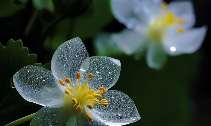 Diphylleia grayi, skeleton flowers, křišťálový květ