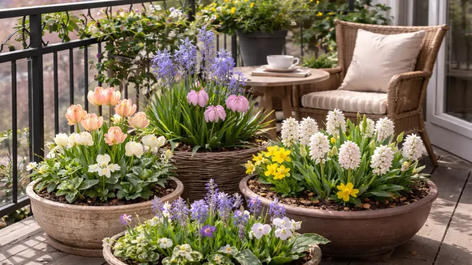 Jarní osázené mísy na balkoně Jarní osázené mísy na balkoně