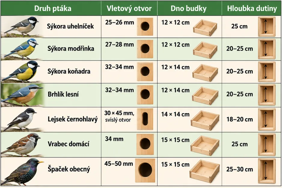 Tabulka rozměrů ptačích budek Tabulka rozměrů ptačích budek