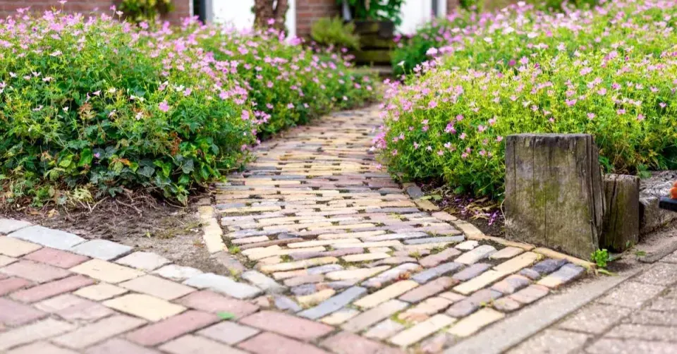 Zahradní cesta vydlážděná cihlami
