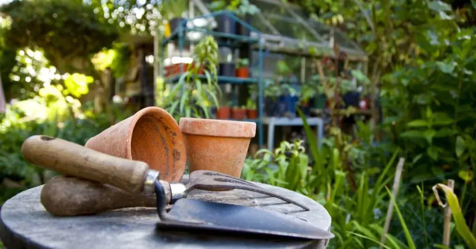 Zahradní nářadí, květináče a skleník