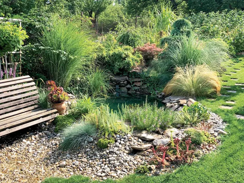 Lavička u zahradního jezírka