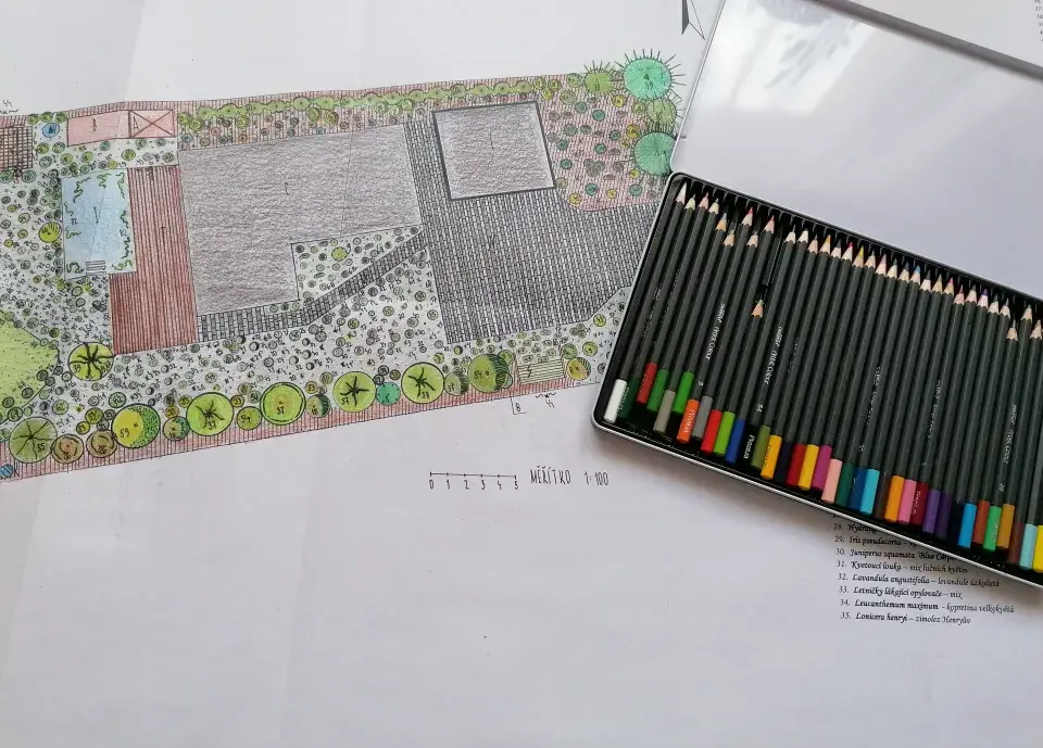 Ručně kreslený návrh zahrady