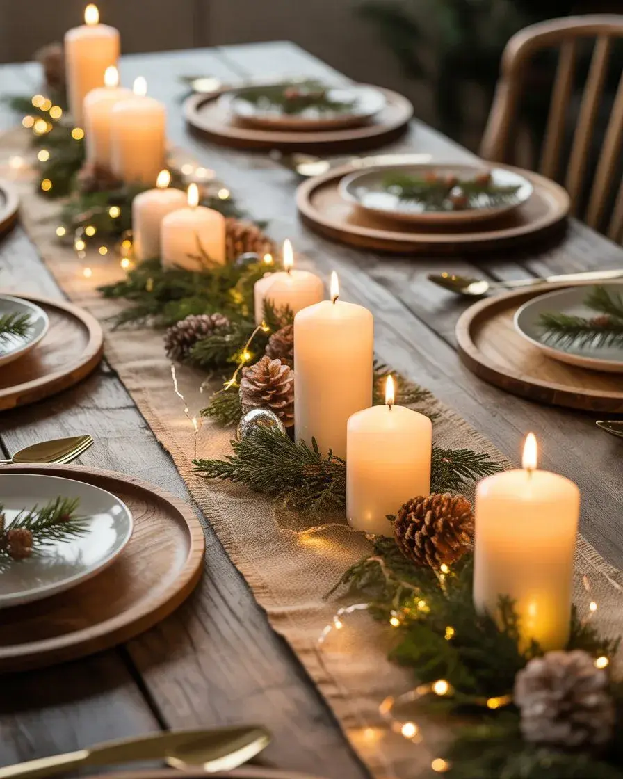 Aranžmá vánočních stolů s dekoracemi z přírodních materiálů