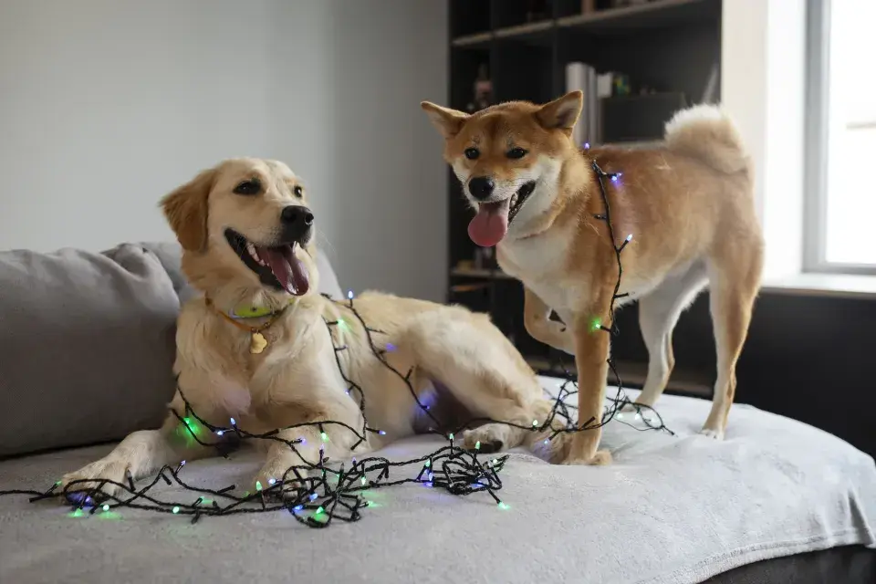 Domácí mazlíčci u vánočního stromku