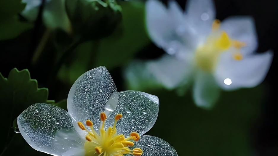 Diphylleia grayi, skeleton flowers, křišťálový květ