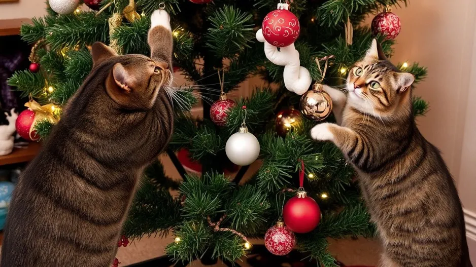 Domácí mazlíčci u vánočního stromku