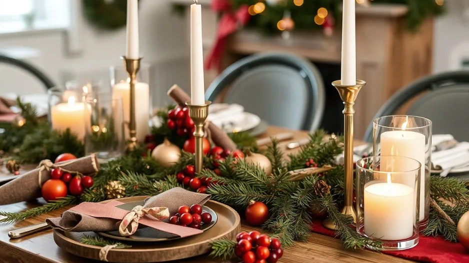 Aranžmá vánočních stolů s dekoracemi z přírodních materiálů