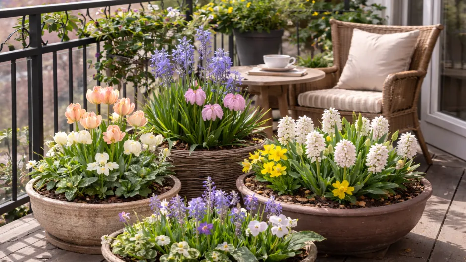 Jarní osázené mísy na balkoně