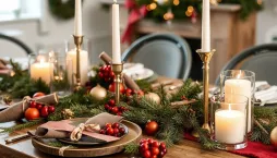 Aranžmá vánočních stolů s dekoracemi z přírodních materiálů